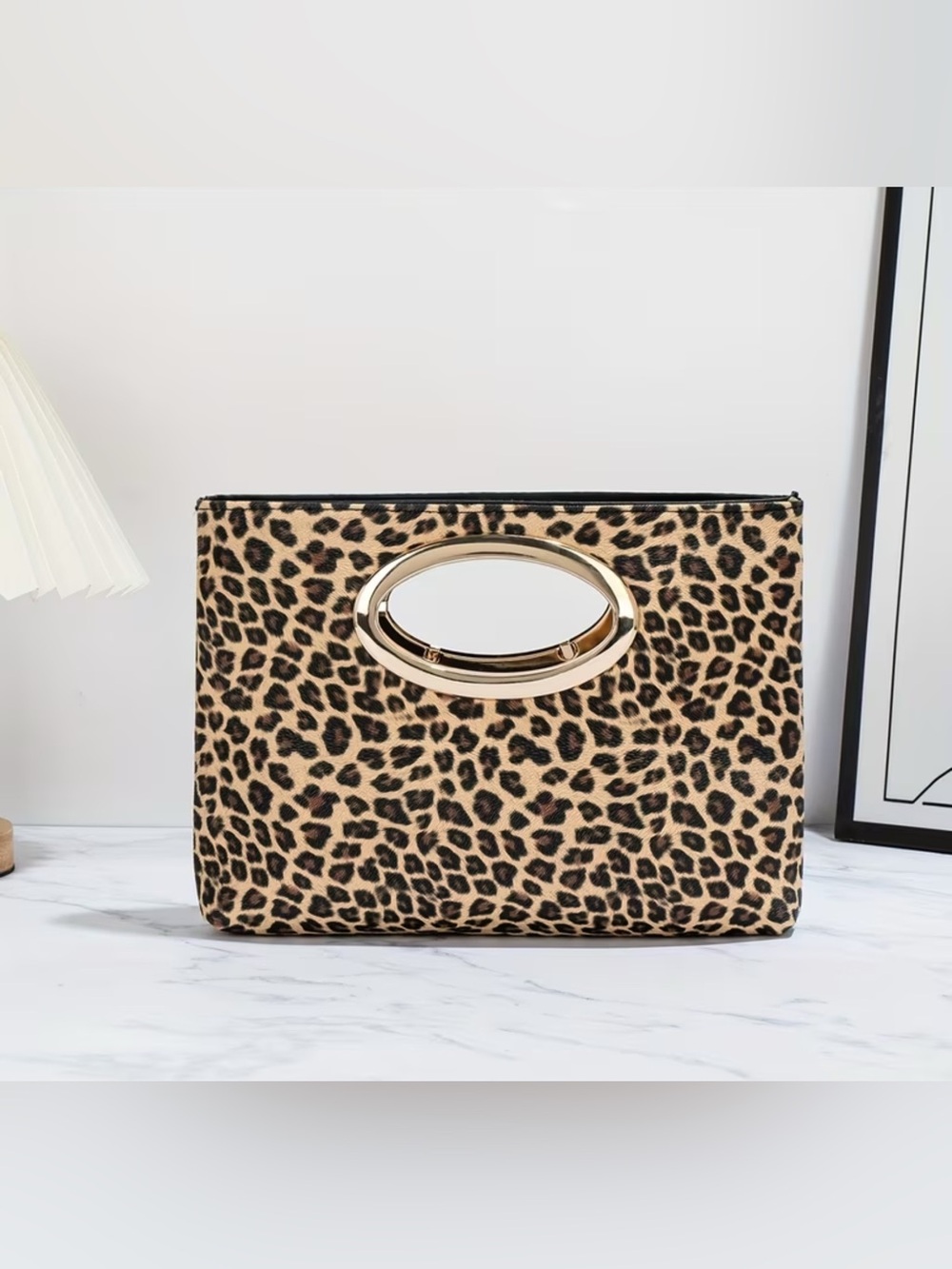 Leopard Print Pouch with Gold Oval Handle